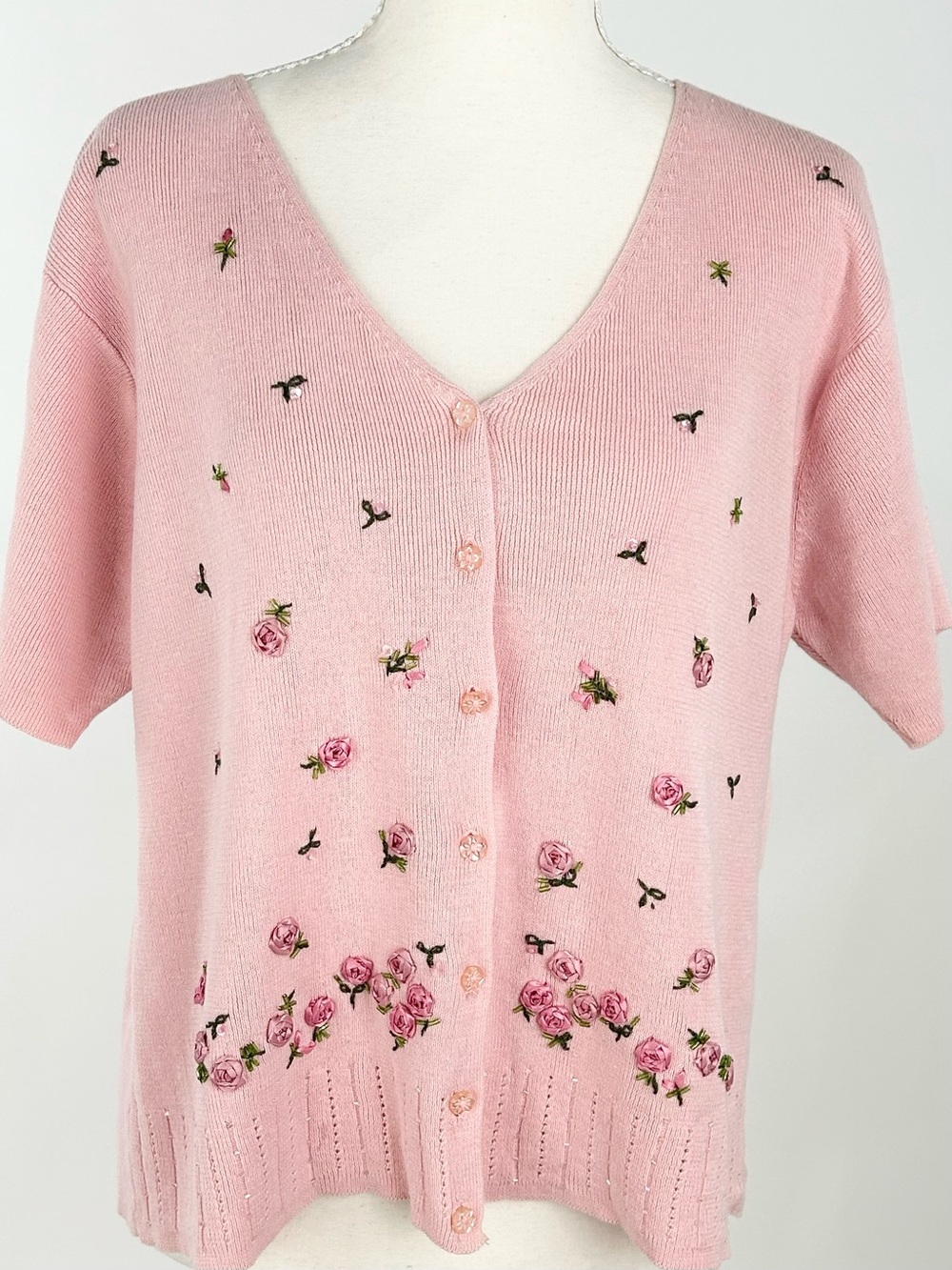 Vintage R&K Pink Ribbon Rose Embroidered Cardigan 14 Cottagecore